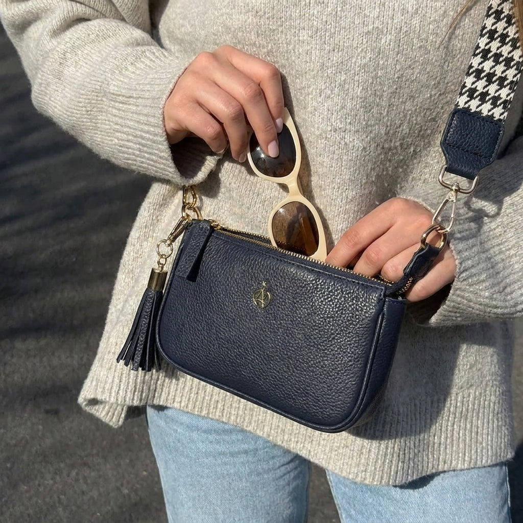 'ROSE' Navy Pebble Grain Real Leather Shoulder Bag