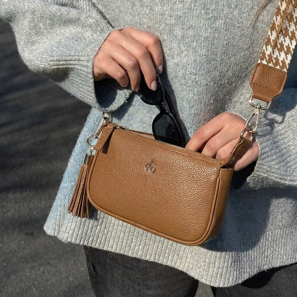 'ROSE' Tan Pebble Grain Real Leather Shoulder Bag