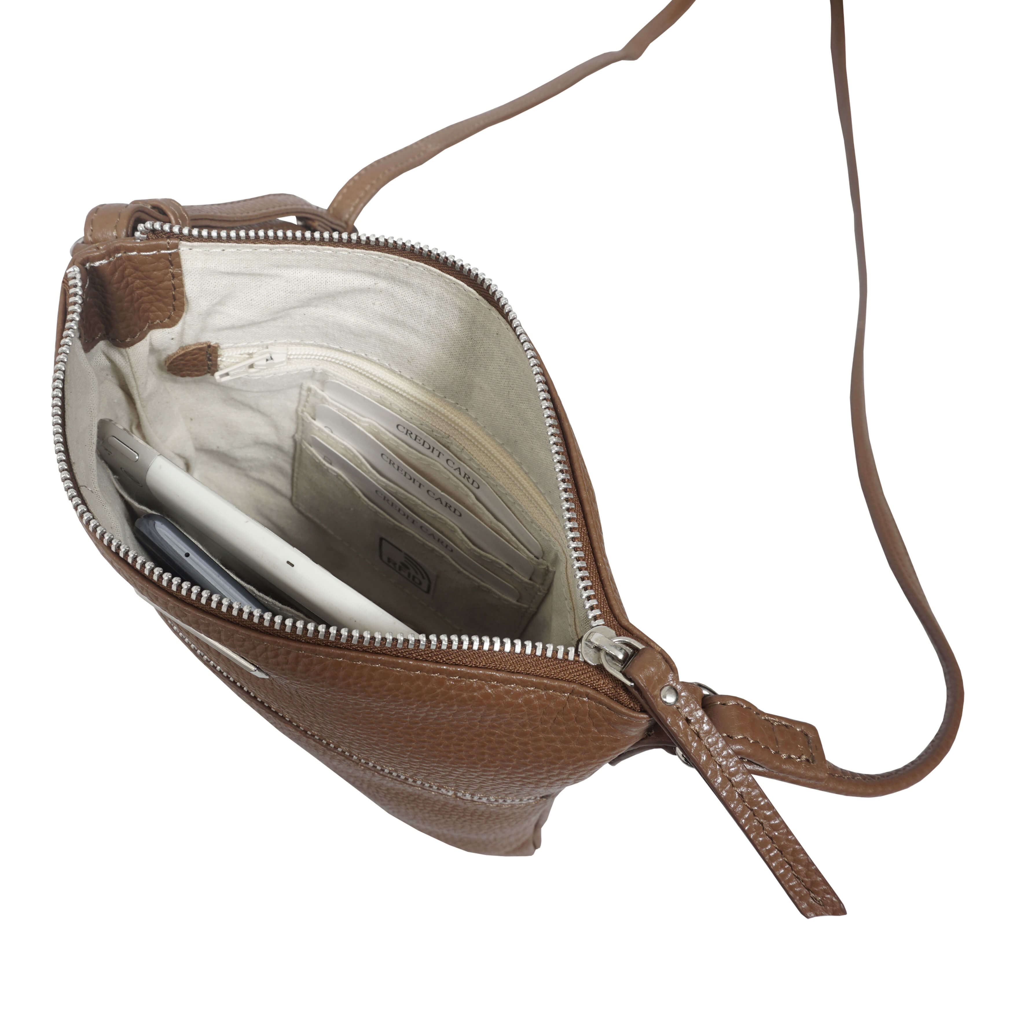 'ROSY' Tan Pebble Grain Soft Real Leather Crossbody Bag