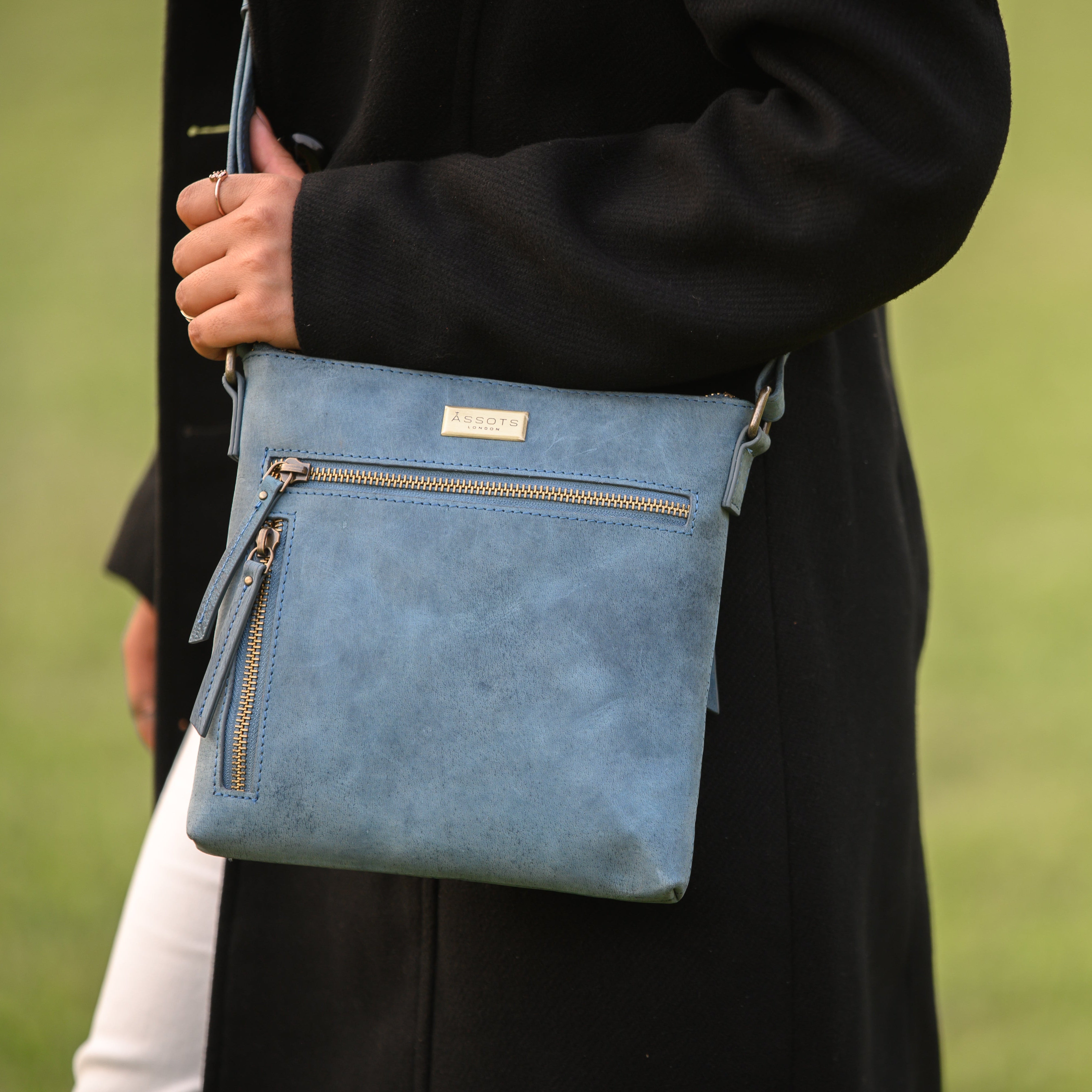 'RUE' Distressed Denim Real Leather Crossbody Bag