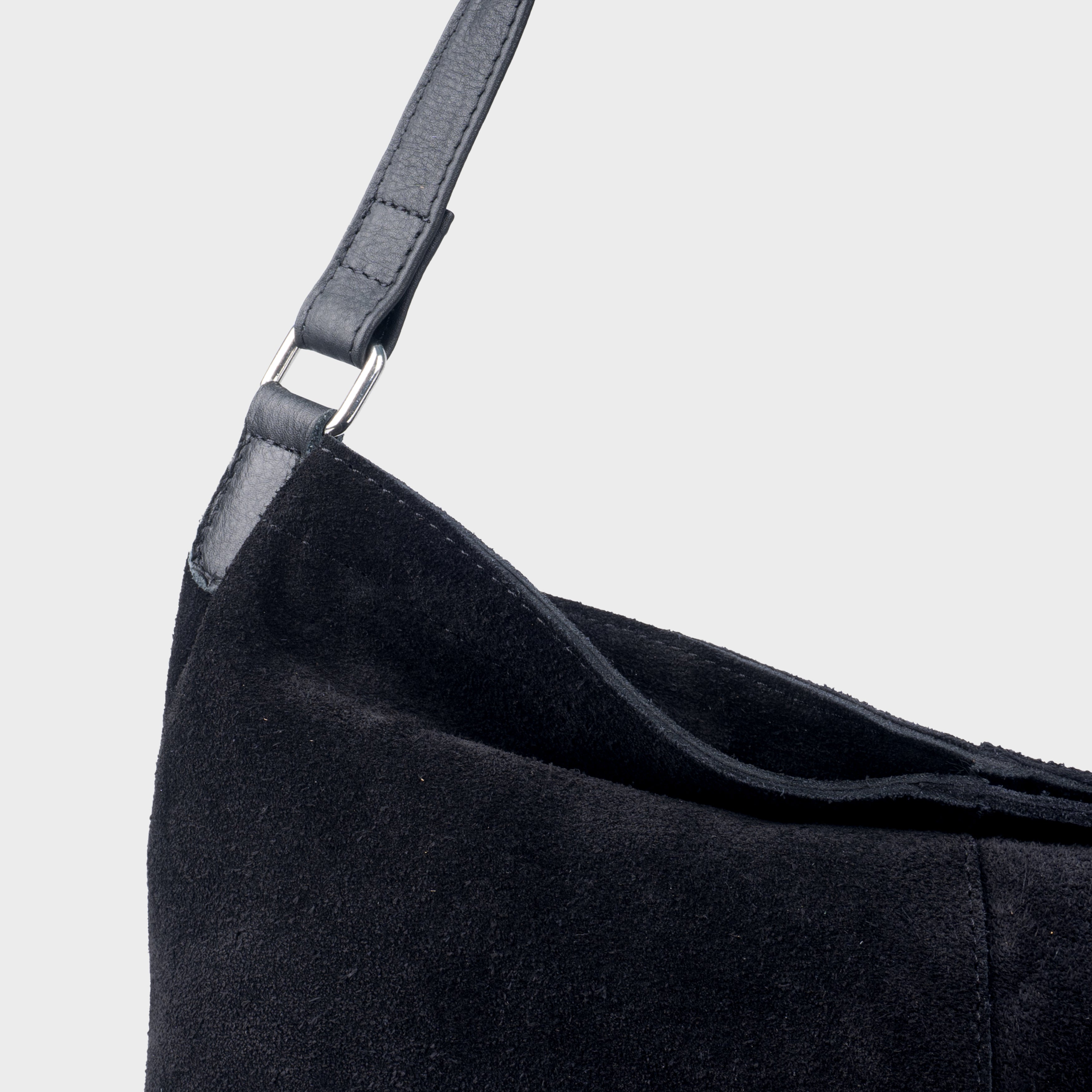 'TINA' Black Suede Real Leather Unlined Slouchy Shopper Tote Bag