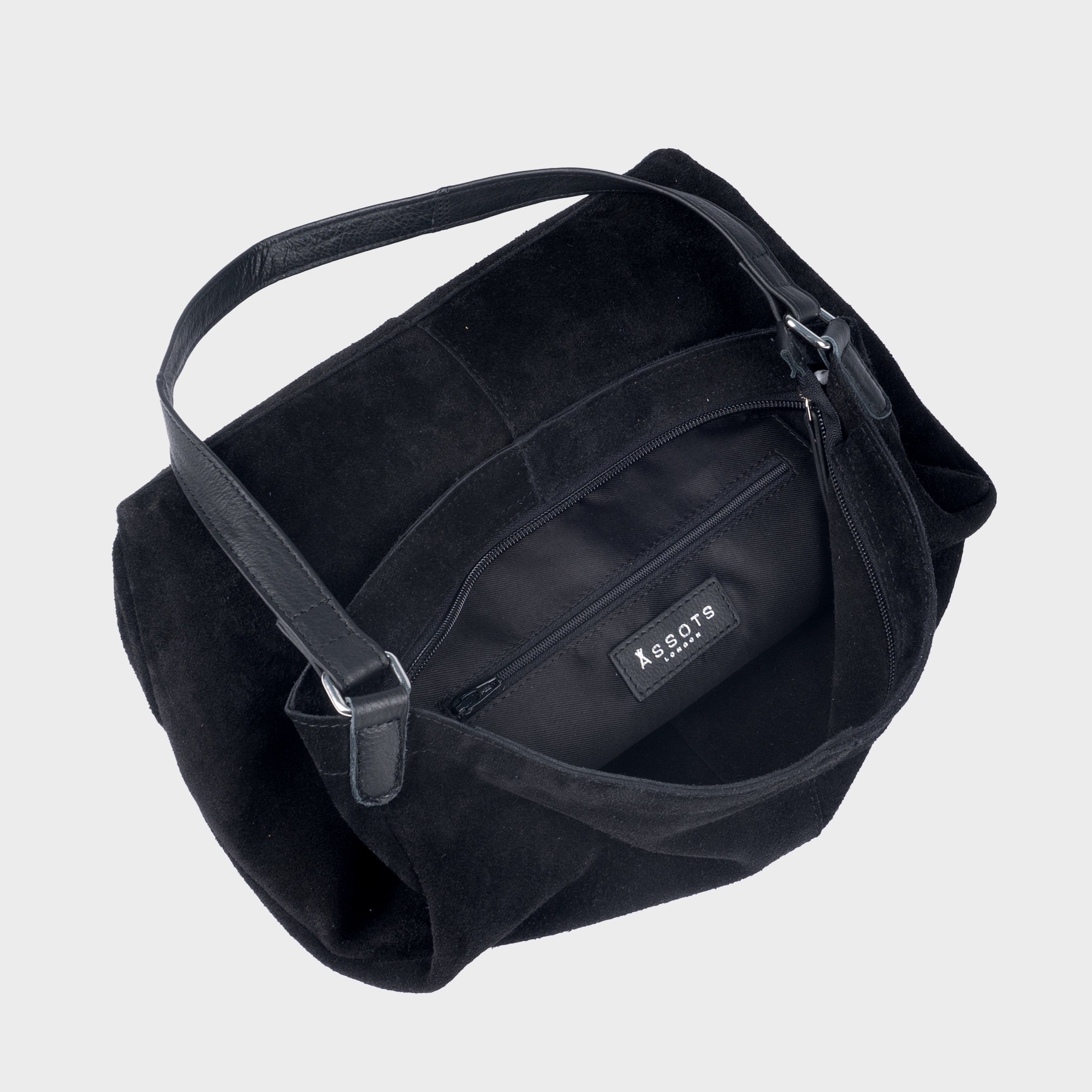 'TINA' Black Suede Real Leather Unlined Slouchy Shopper Tote Bag