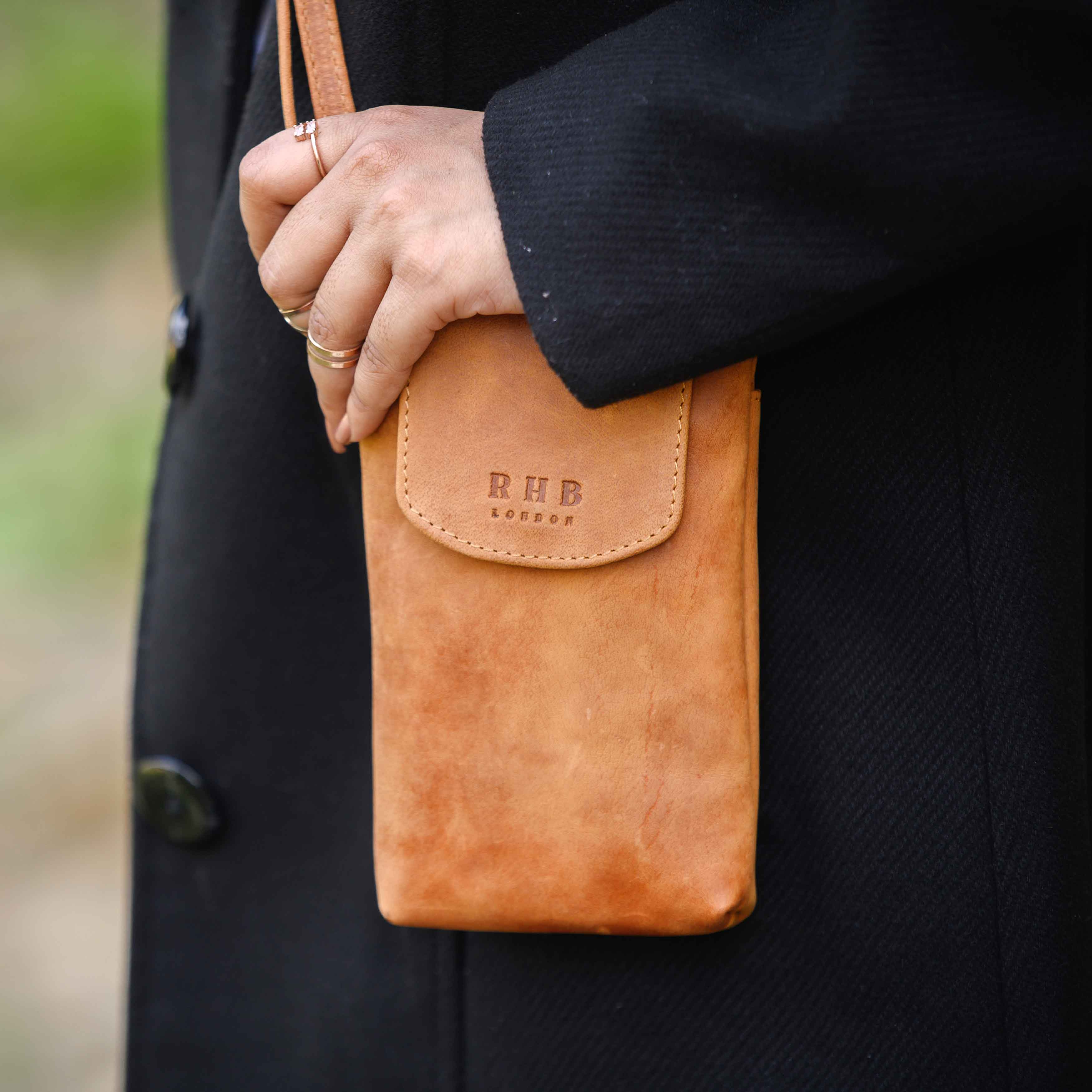 'THEA' Tan Distressed Real Leather Mobile Phone Crossbody Bag