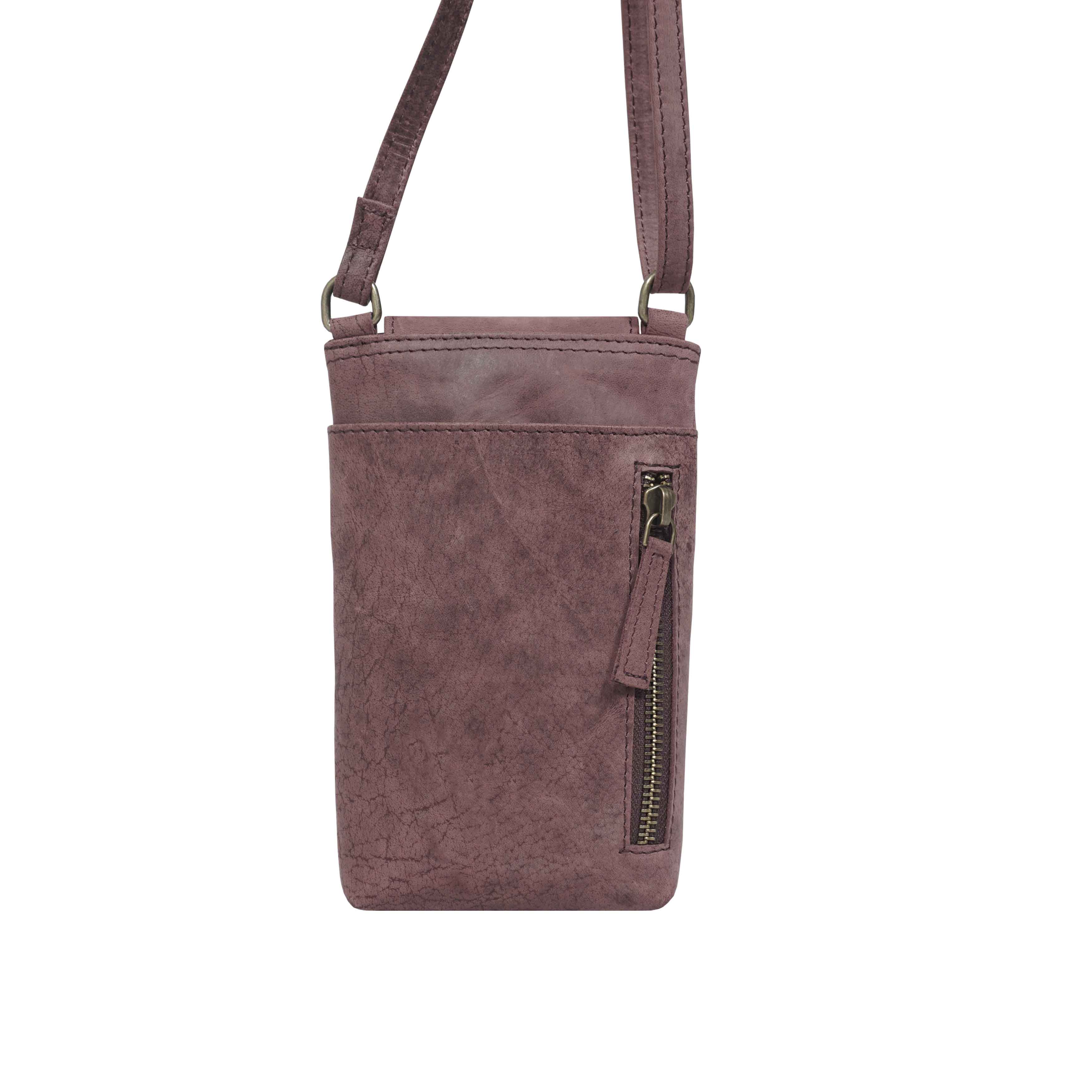 'THEA' Plum Distressed Real Leather Mobile Phone Crossbody Bag