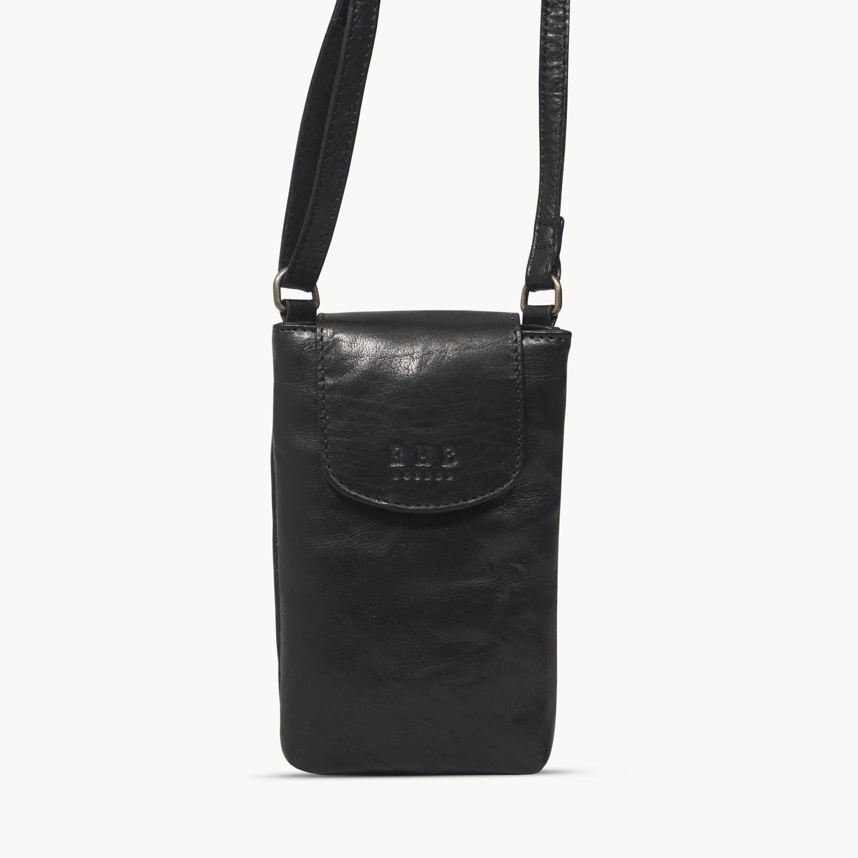 'THEA' Black Polished VT Real Leather Mobile Phone Crossbody Bag
