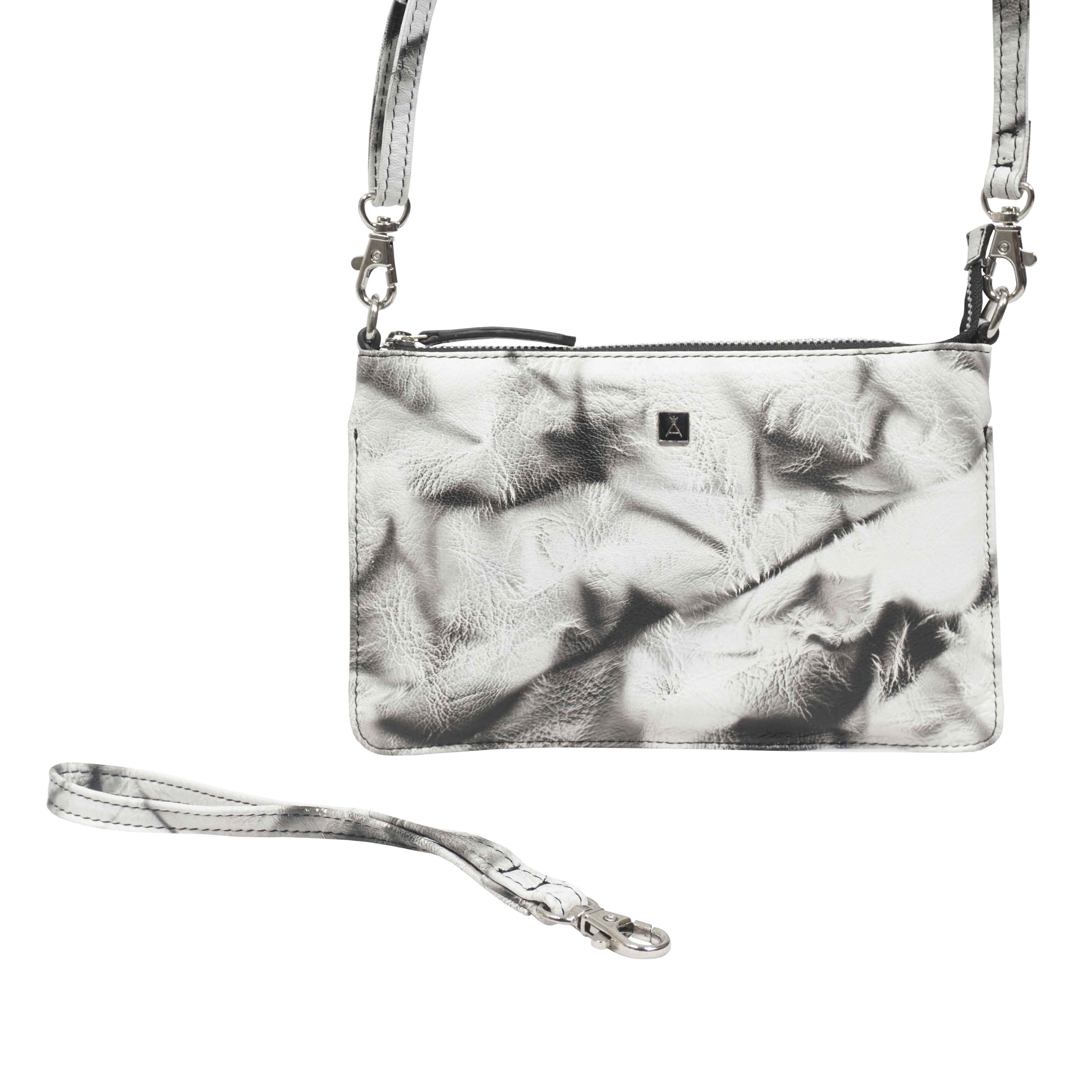 'TODD' Black & White Tie Dye Real Leather Crossbody Wristlet Bag