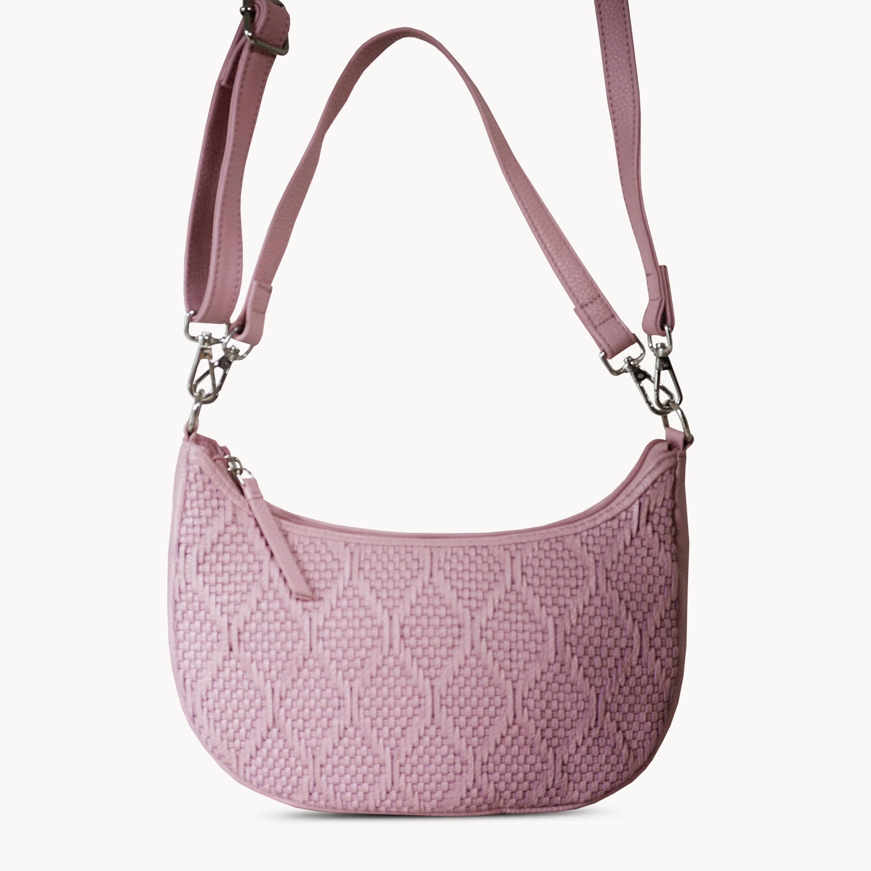 'Wonder Weave' Pale Pink Real Leather Woven Designer Shoulder Crossbody Bag
