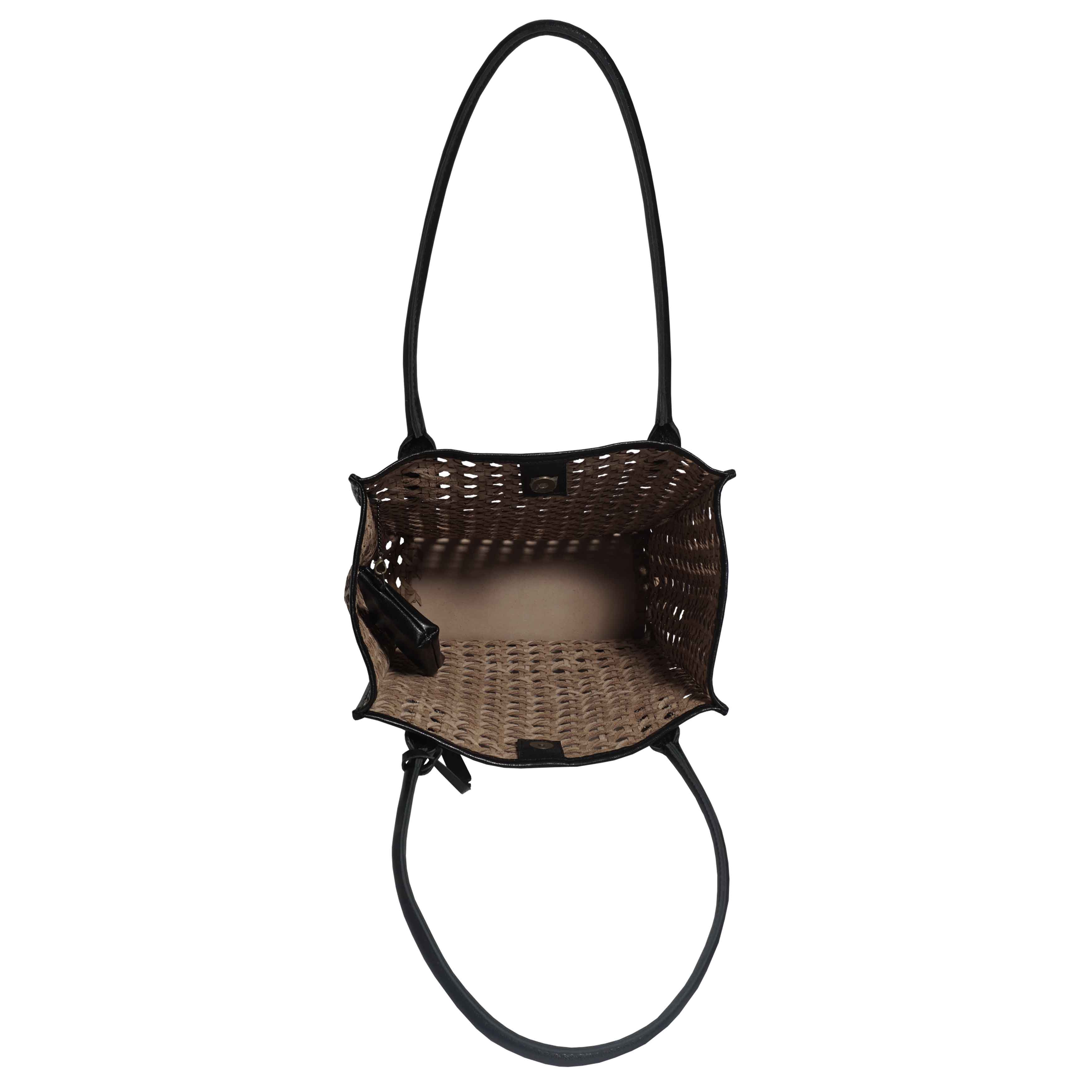 'PELLE TESSUTA' Beige & Black Real Leather Woven Tote Bag