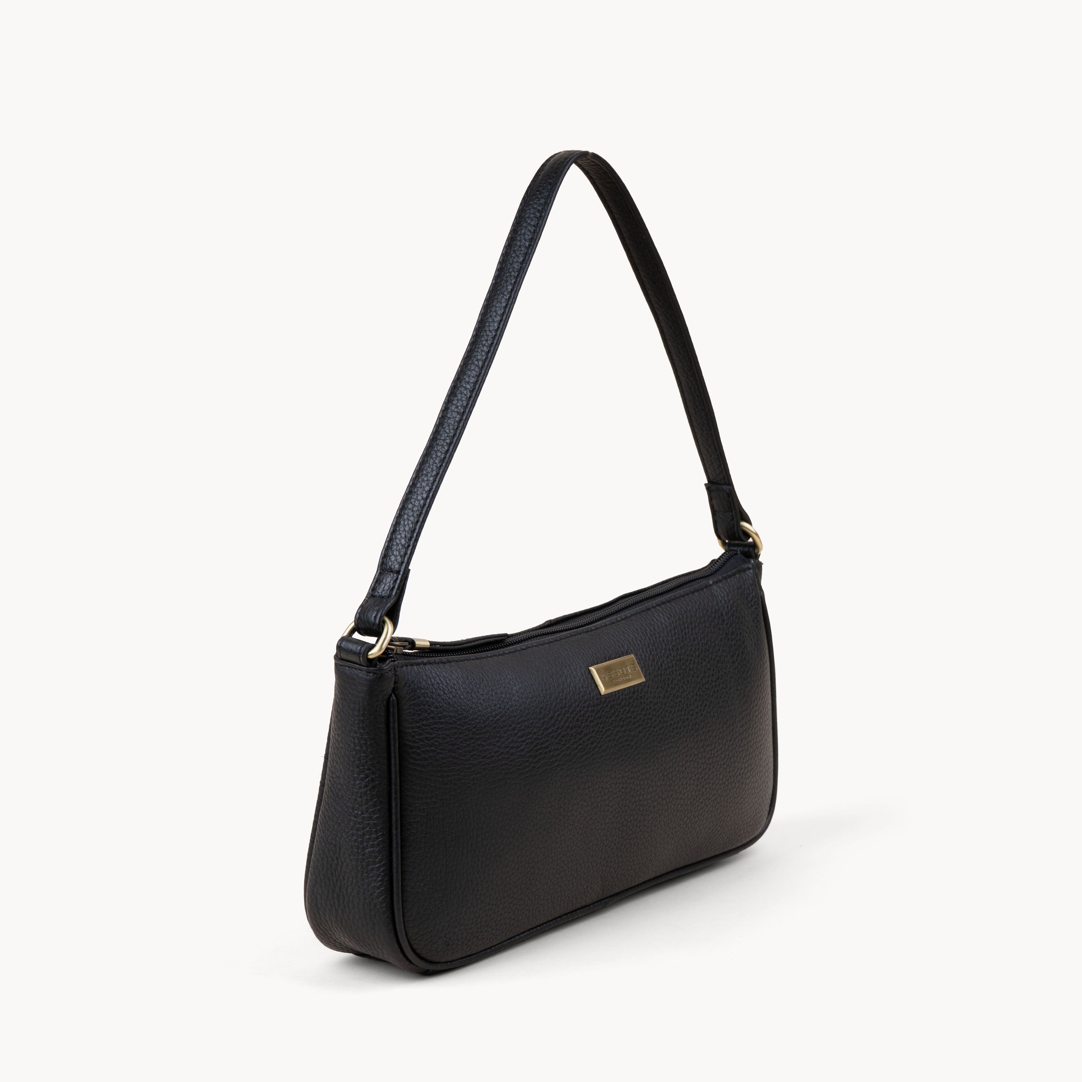 'ZARA' Black Soft Pebble Grain Real Leather Baguette Shoulder Bag