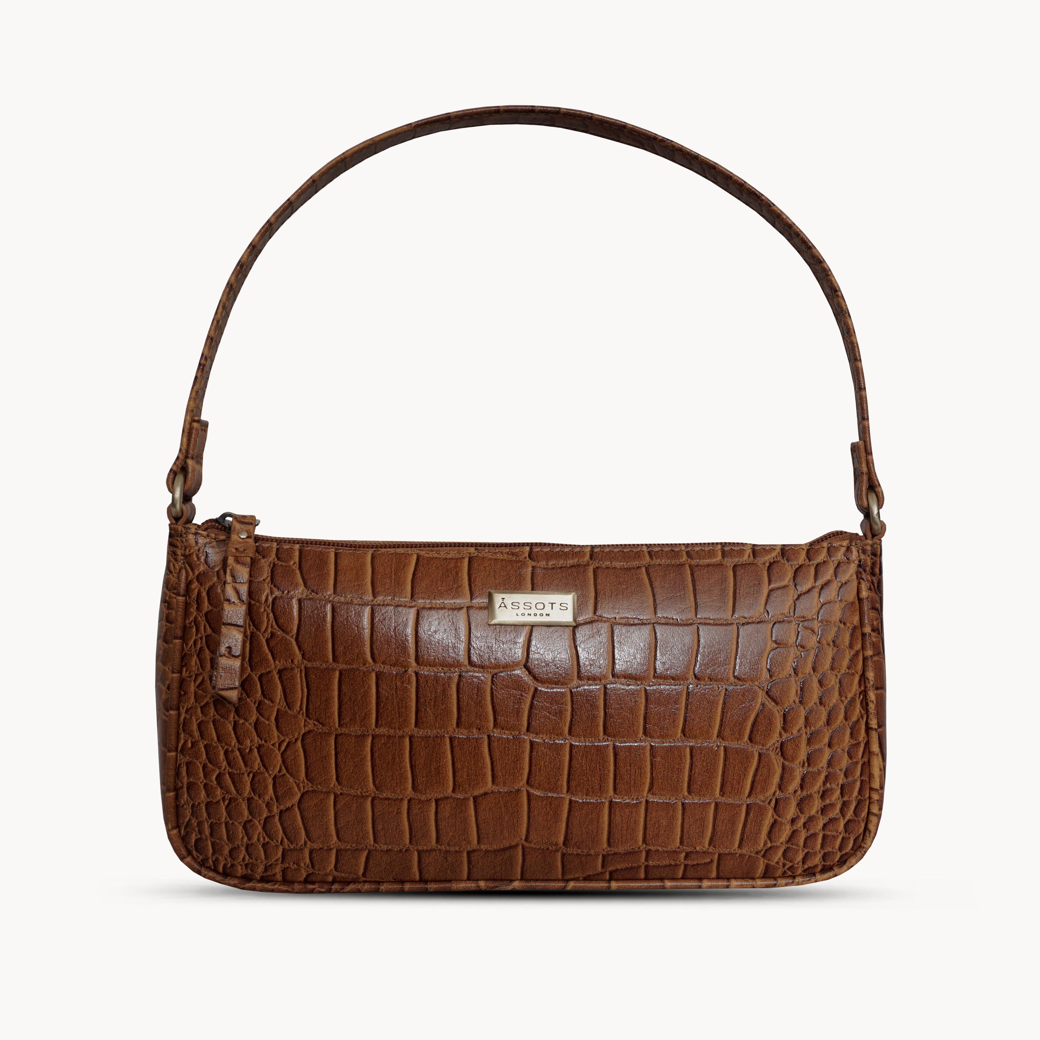 'ZARA' Brown Croc Real Leather Baguette Shoulder Bag