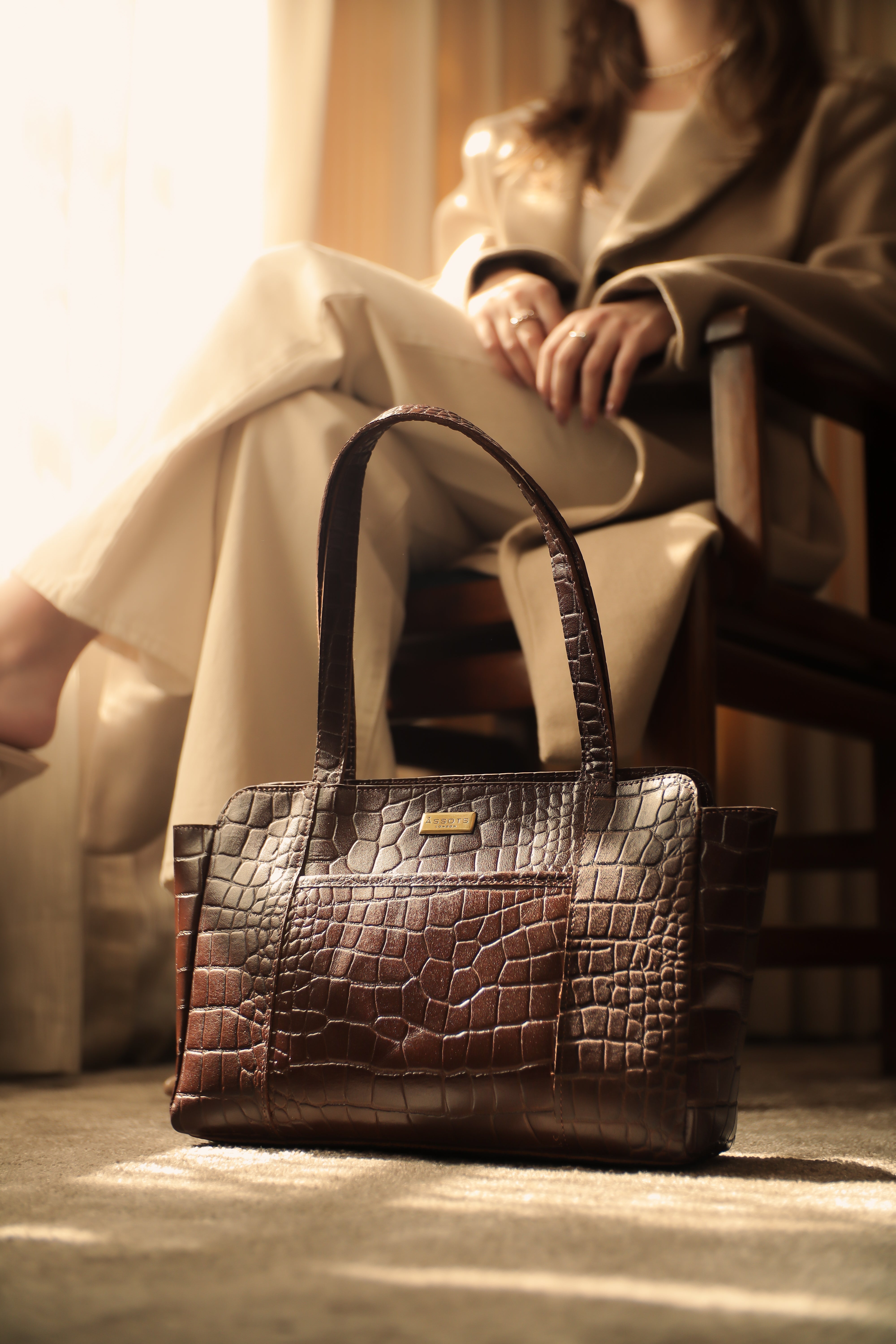 'JUDITH' Brown Croc Real Leather Shoulder Bag