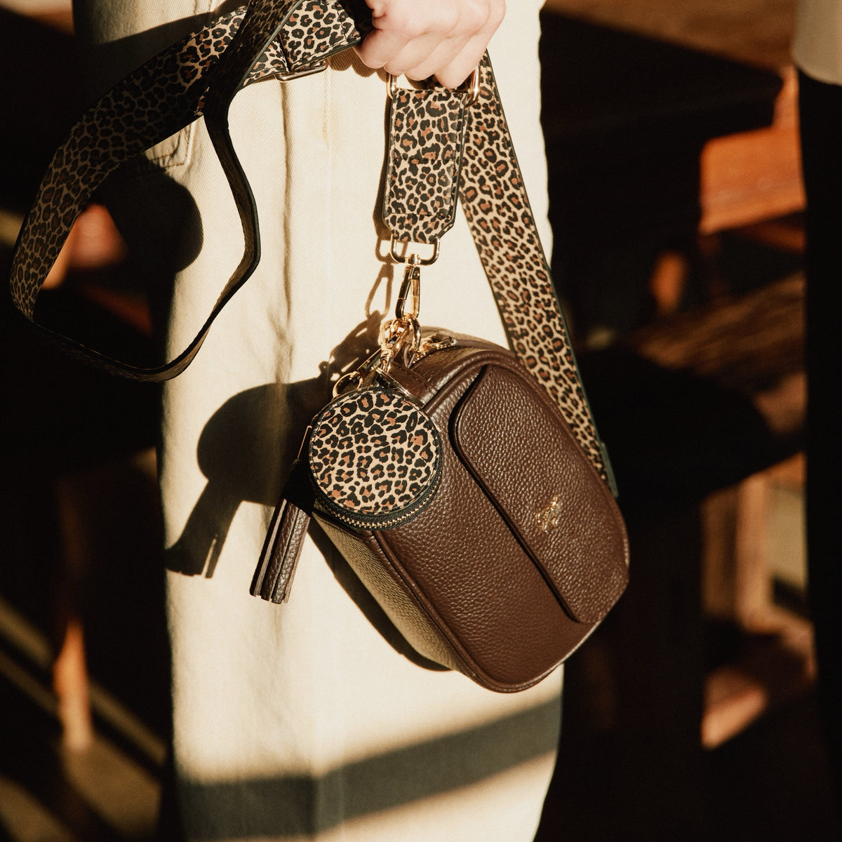 Hackney Coffee Brown bag with the leopard print leather strap and key pod